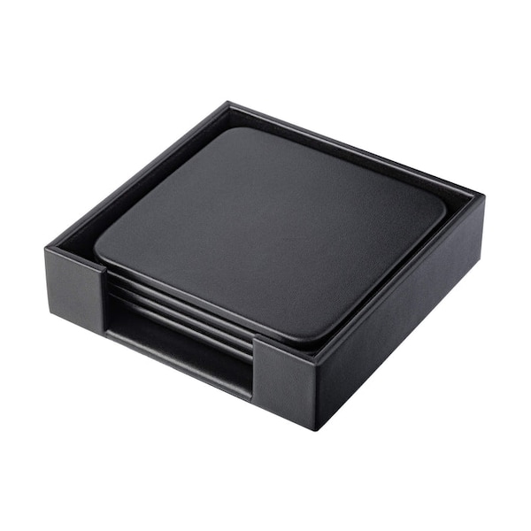 Classic Black Leather Square Coaster Set With Holder